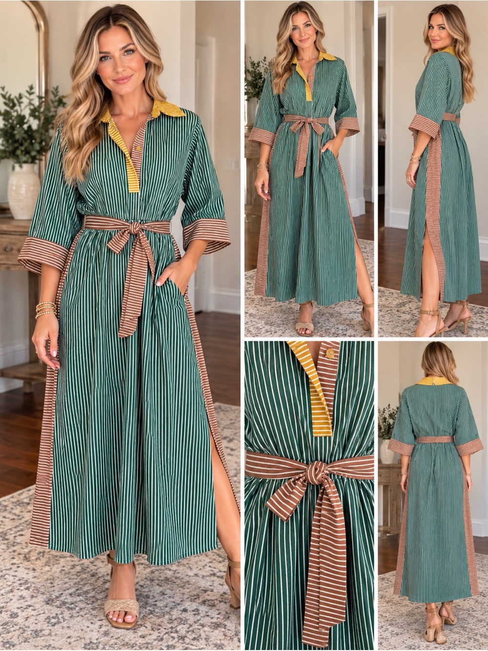 JODIFL Green and Yellow Striped Maxi Shirt Dress with Brown Trim